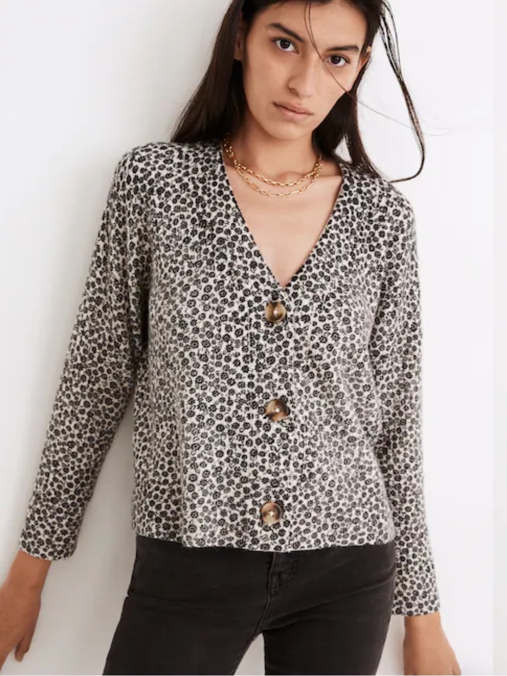 Madewell Cameron Floral Ditsy Ribbed Cardigan Sweater Alpaca Wool Boxy Fit XL